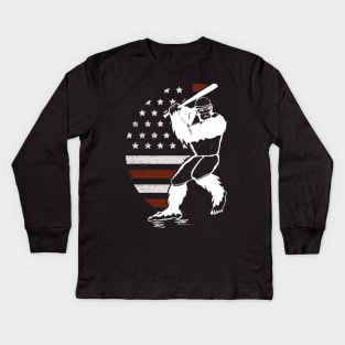 Bigfoot Baseball American Flag Kids Long Sleeve T-Shirt